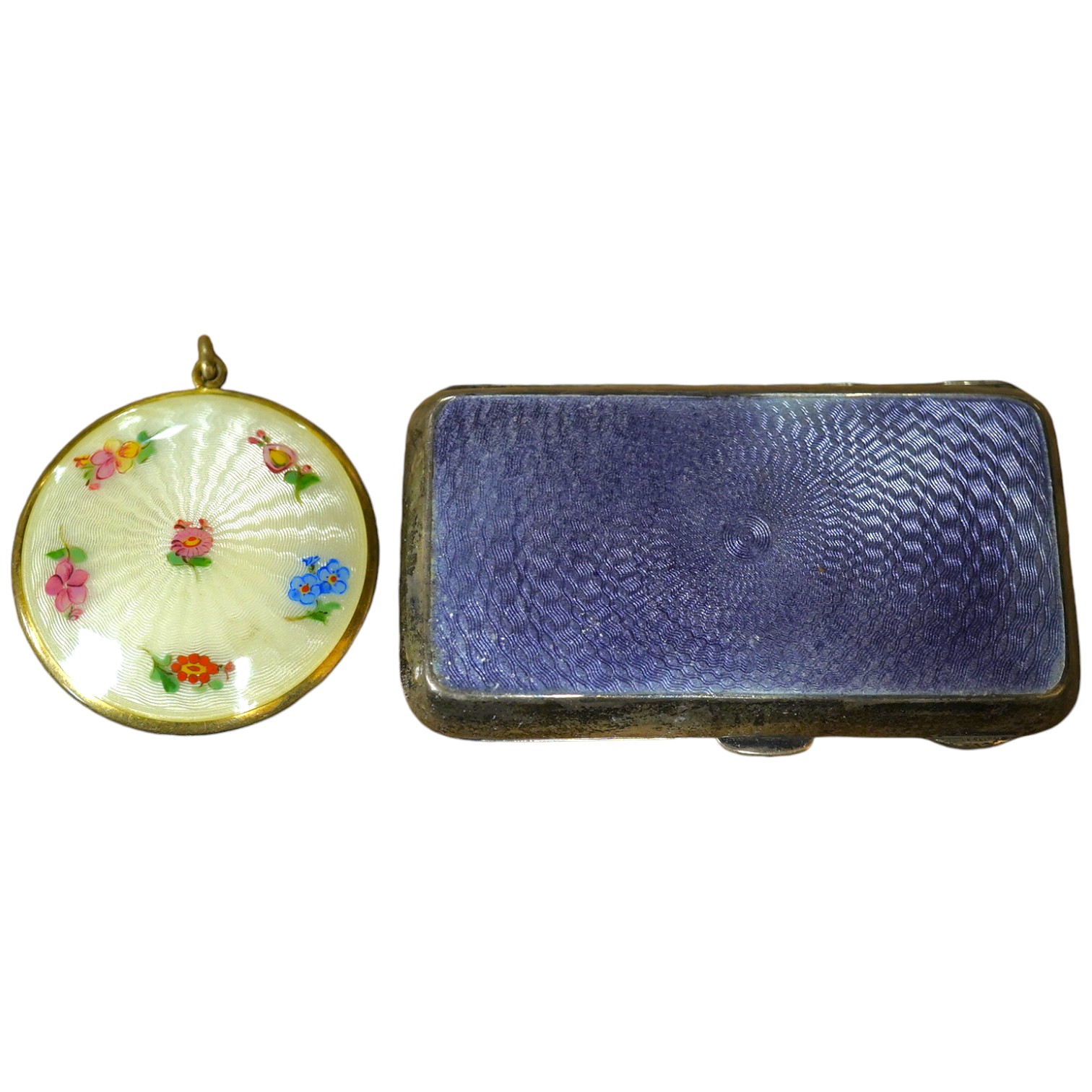 A George V silver and guilloche enamel cigarette case, Henry Clifford Davis, Birmingham, 1917, 84mm, together with a silver and enamel circular compact. Condition - fair